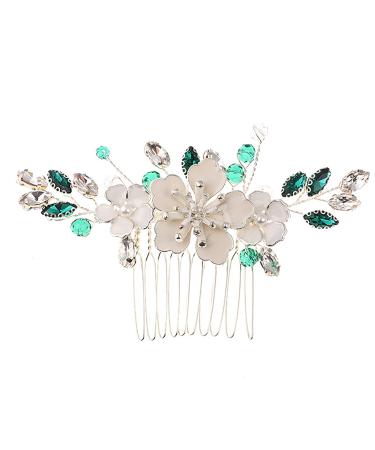 One Piece Elegant Crystal Beads Hair Comb Rhinestone Flower Wedding Bridal Hair Piece White and Green Crystal Flower Hair Vine Comb for Women and Girls