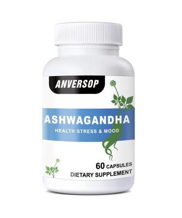 ANVERSOP Ashwagandha Root Supplement 600mg Organic Root with Turmeric Ginger & Black Pepper Natural Stress & Energy Support Non-GMO 60 Capsules