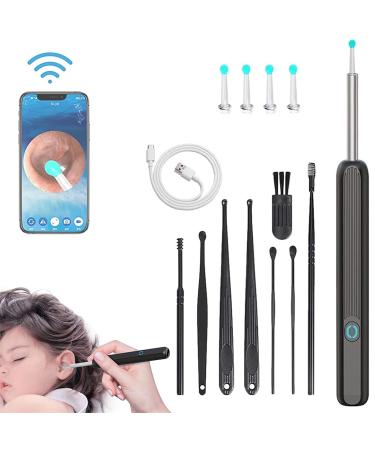 WiFi Visible Wax Elimination Spoon USB 1080p HD Load Otoscope Smart Ear Wax Remover with LED Light and Silicone Ear Spoon Ear Wax Removal Kit (Black)