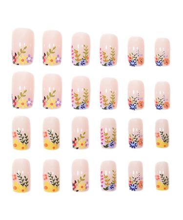 False Nails Square Press On Fake Flower Nails Long Lasting and Detachable Artificial Short False Nails for Girls Women Cle-ca