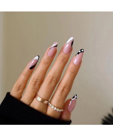 Justotry 24 pieces cow print almond nails to stick on short black French artificial nails nude oval artificial nails press on nails acrylic fingernails fake nails short for women black & cow 1 - Buy Online on GoSupps.com