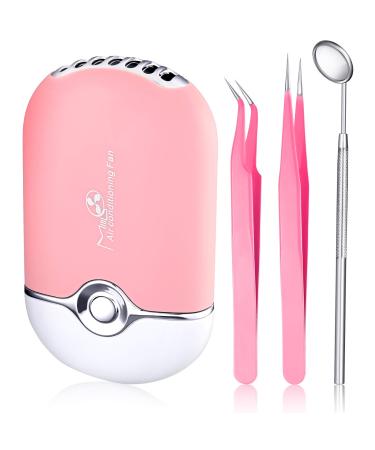 Honoson USB Lash Fan Dryer Handheld Air Conditioning Blower Rechargeable Eyelashes Dryer Fan Mini Portable Fans with Tweezers and Eyelash Inspection Mirror for Eyelash Extension Women Pink