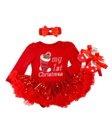 FYMNSI Baby Girl My First Christmas Outfit Infant Babies 1st Xmas Party Dress Princess Tutu Romper with Shoes Headband 3pcs/Set Reindeer Xmas Tree Print Bodysuit Jumpsuit Photo Props for 0-18 Months 12-18 Months Red Christmas Socks Long Sleeve
