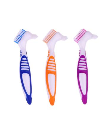EvaGO 3 Pcs Denture Cleaning Brush with Multi-Layered Bristles and Ergonomic Rubber Handle Portable Denture Brush Double Sided Brush for False Teeth Cleaning (Blue, Purple, Orange) 3 Colors