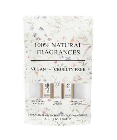100BON 100% Natural Fragrances Vegan Cruelty Free Refillable Cologne Sprays Set 3 x 0.5 fl oz - Raspberry & Almond Citrus & Wood Fresh Tea & Ginger