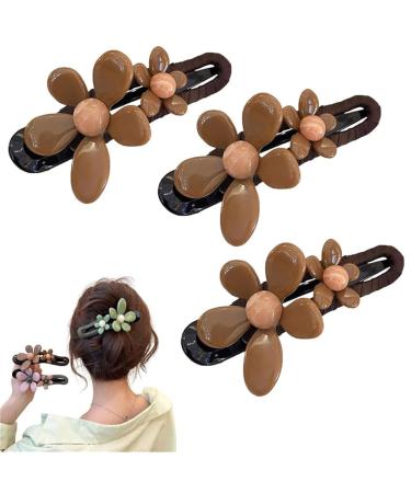 Retro Flower Duckbill and Straight Clip Vintage Flower Non Slip Hair Duckbill Hair Clips Crystal Flower Braided Hair Clips Hair Clips Bun Hair Accessories 3pcs Brown