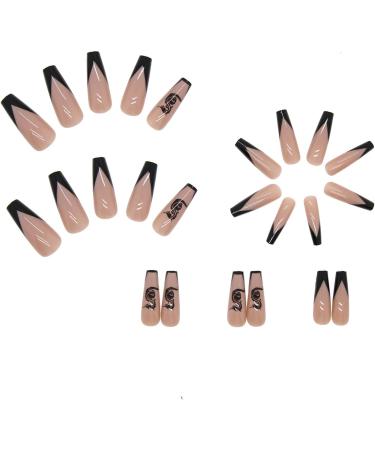 JustOTRY 24 Pcs Dragon Patterned Black French Press On Fake Nails | Ballerina Stick-On Acrylic Coffin False Nails for Women | Medium length with Glue - Nail Art - Buy Online on GoSupps.com