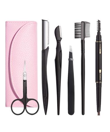 Eyebrow Kit, 6 in 1 Tweezers for Eyebrows, All-in-one Eyebrow Grooming Set Dermaplaning Tool Eyebrow Razor Brush Scissors Brown Eyebrow Pencil with Leather Pouch (A-Pink)