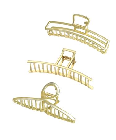 Walk Diary 3 Pcs Metal Claw Clip Set 4.5 in Metal Claw Clips for Thick Hair Simple Design Gold Hair Accessories for Women Gold Ribbon+Strip+Rectangle
