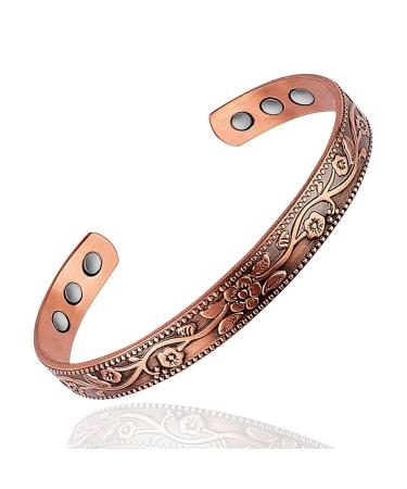 Magnetic Copper Bracelet for Women 6.5'' Adjustable Solid Copper Bracelet Jewelry(Retro Flowers)