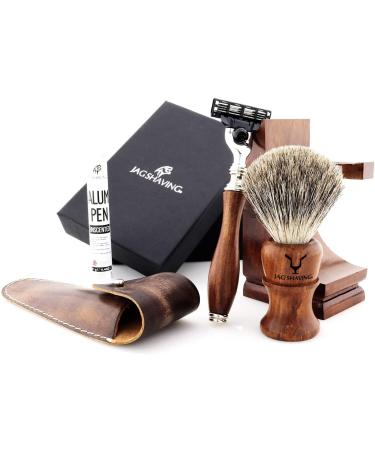 JAG Shaving Razor Set - Sustainable 4 -part razor set made of wood - Super roof hair shaving brush - 3 razor blades of razor plane - shaving stand - leather bag for razor planes