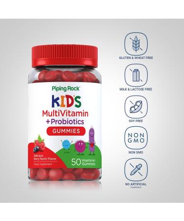 Piping Rock Kid's Multivitamin and Probiotic | 50 Gummies | Berry Punch Flavor | Vegetarian Non-GMO Gluten Free Children's Supplement - Buy Online on GoSupps.com