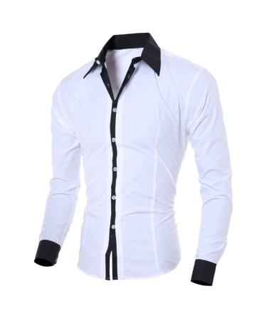 GXLONG Men's Inner Contrast Casual Dress Shirt Long Sleeve Formal Regular Fit Button Down Shirts for Business Wedding X-Large White