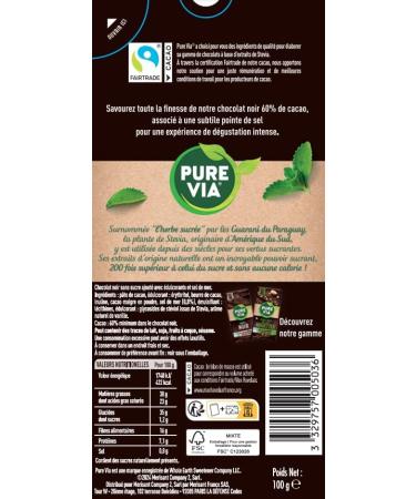 Pure Via Tablette Chocolat Noir & Pointe de Sel la stevia sans sucre ajout quitable 100g - Buy Online on GoSupps.com