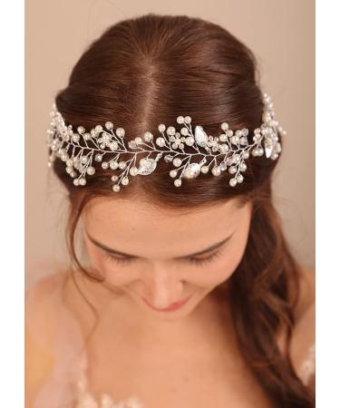 BERYUAN Women Silver Leaf Crystal Flowers Pearls Hair Vine Pearls Crystal Rhinestone Headband Silver Bride Hair Piece Pearls Wedding Hair Accessories for Brides Bridesmaid - Buy Online on GoSupps.com