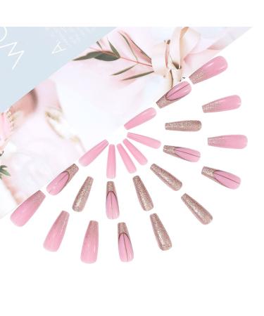 Brishow Long Gold Glitter Press-On Nails - 24 Ballerina Acrylic Pink False Nails for Women & Girls | Premium Quality Artificial Nails - Buy Online on GoSupps.com