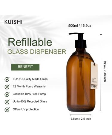 Kuishi 500ml Amber Glass Pump Dispenser Bottle - Refillable BPA-Free Soap Dispenser | Eco-Friendly & Reduces Plastic Waste - Buy Online on GoSupps.com