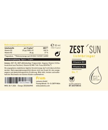  zestonics Vitamin D3 / K2 (1020 drops) Vegan - 99.7% All-Trans K2VITAL from Kappa - D3 in lichen - liquid high dose (1000 IU.) - Buy Online on GoSupps.com