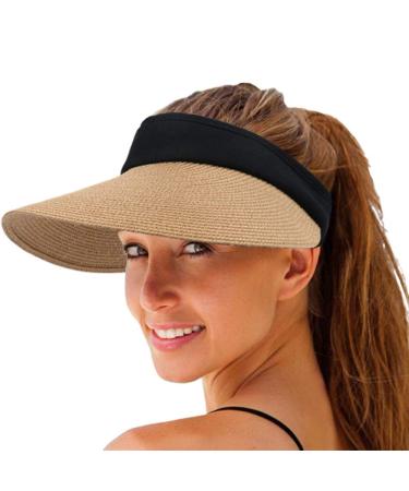 Women Straw Sun Visor Hat Wide Brim Summer UV Protection Beach Cap Foldable Packale Korean Style Khaki