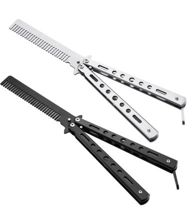 2 Pieces Butterfly Combs Stainless Steel Folding Training Practice Combs Hair Styling Tools for Sport Outdoor Use (Black, Silver)