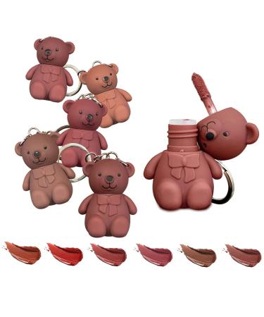 6Pcs Keychain Bear Lipsticks  2 in 1 Key Chain Bear Lipstick Mist Matte Velvet Lipgloss Moisturizing Lip Stain Waterproof Long Lasting Bear Lip Gloss with Keychain Cute Bear Beauty Makeup (6 colors)