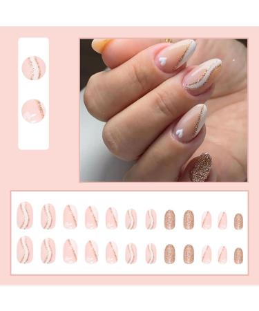 JUSTOTRY 24 Pcs Glitter Almond White French Press on Nails with Heart Pattern - Medium Length Fake Nails with Nail Glue for Women's Nail Art - Buy Online on GoSupps.com