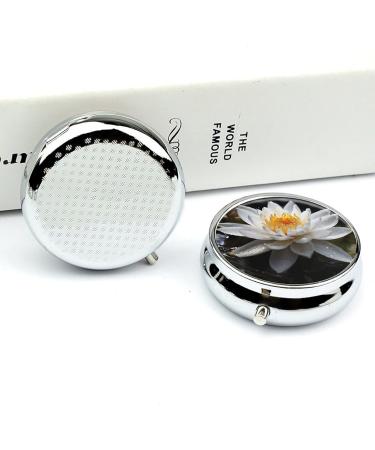 Round White Lotus Print Pill Box | 3 Compartment Portable Medicine Organizer | Decorative Metal Pocket Pill Case - Buy Online on GoSupps.com