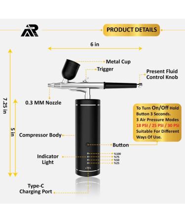 Portable 30PSI Airbrush Kit with Rechargeable Cordless Air Brush Gun Ideal for Nail Art, Painting, Cake Decor, Makeup, and More - Black - Buy Online on GoSupps.com