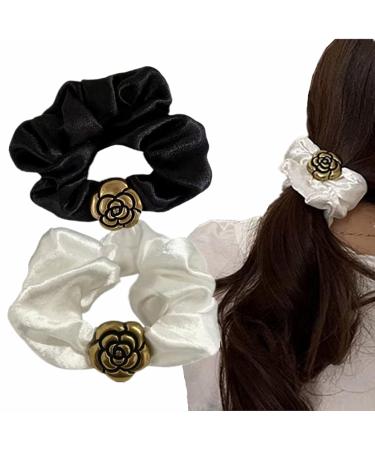 BIBILAN 3-Piece Vintage Cord Scrunchies Set Stylish Floral Fabric Hair Ties for Women | Retro Elastic Hair Accessories in White and Black - Buy Online on GoSupps.com