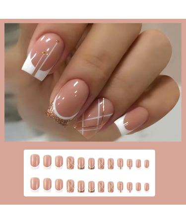 24-Piece Gold Glitter French Artificial Nails - Ballerina Press-On Design for Women & Girls | DIY Square Fake Nails - Buy Online on GoSupps.com
