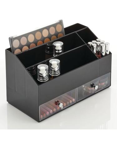 mDesign Plastic Nail Polish Organizer Storage Station Cube with 2 Drawers and 5 Divided Sections for Bathroom, Cabinet, Countertops - Holds Eye Shadow Palettes, Brushes, Blush, Mascara - Black/Clear