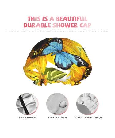 Sunflowers Blue Butterflies Shower Cap - Double Waterproof Layers, One Size Fits All Women - Ideal for Bathing, Large Design for All Hair Types - Buy Online on GoSupps.com