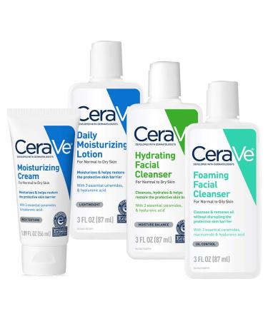 CeraVe Travel Size Toiletries Skin Care Set | Contains CeraVe Moisturizing Cream, Lotion, Foaming Face Wash, and Hydrating Face Wash | Fragrance Free