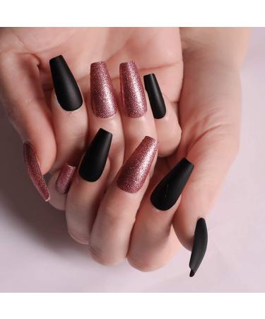 Sethexy Long Matte Black Ballerina False Nails - Bling Sparkle Pink Coffin Acrylic Nail Tips - 24 Press-On Fingernails for Women & Girls - Buy Online on GoSupps.com