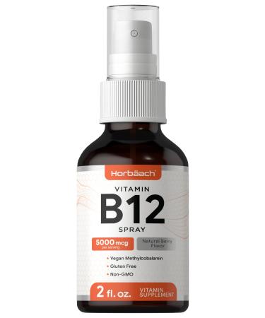 Vitamin B12 Methylcobalamin Spray | 5000 mcg | 2 oz | New Improved Packaging | Vegetarian Liquid Supplement | Non GMO & Gluten Free | Natural Berry Flavor | by Horbaach