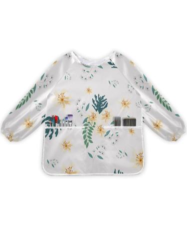 Kaaviyo floral pink white leaves floral baby bibs waterproof long arm art craft painting apron malcases for children aged 1-6 years