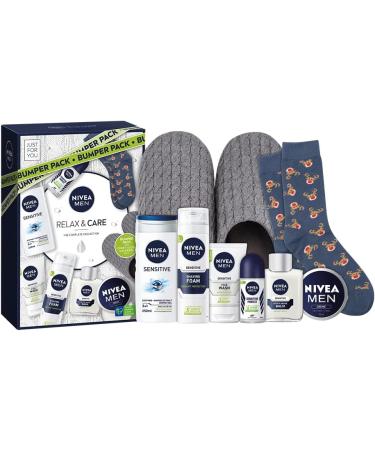 NIVEA MEN Relax & Care Gift Set - Shower Gel, Face Wash, Anti-Perspirant, Moisturising Cream & More | 8-Piece Set with Slippers and Socks - Buy Online on GoSupps.com
