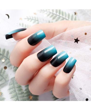 LIARTY 24 Pcs Gradient Blue Black Medium Square False Nails - 12 Sizes & Designs - Buy Online on GoSupps.com