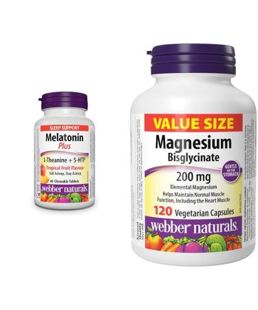 Webber Naturals Melatonin Plus 1.5 mg of Melatonin with L-Theanine & 5-HTP 40 Chewable Tablets & Magnesium Bisglycinate 200 mg 120 Capsules Supports Bone and Muscle Functions Vegan Melatonin Plus+ Magnesium Bisglycinate