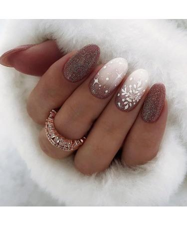 SINLOV Christmas Almond Fake Nails French Long Glitter Snowflake False Nails Maroon Glossy Press on Nails Ballerina Acrylic Full Cover Fake Nail for Women and Girls