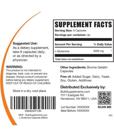 L-Glutamine Capsules - 5000mg Glutamine Supplement for Gut Health | BulkSupplements.com | Gluten Free | 340 Capsules (Pack of 1 - Buy Online on GoSupps.com