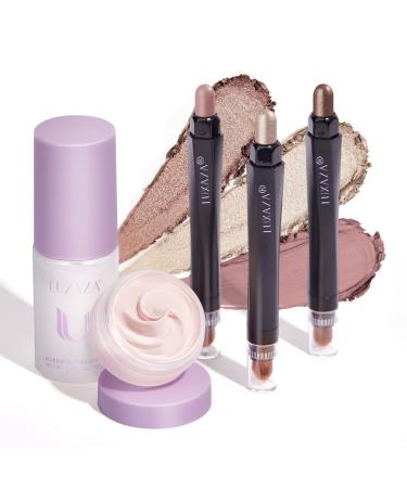 LUXAZA 3PCS Eyeshadow Stick Neutral Eye Shadow Sticks Pencil Crayon With Eyeshadow Primer And Setting Spray 3-in-1 Eye Makeup Kit-Smudge-Proof C-Champagne Set