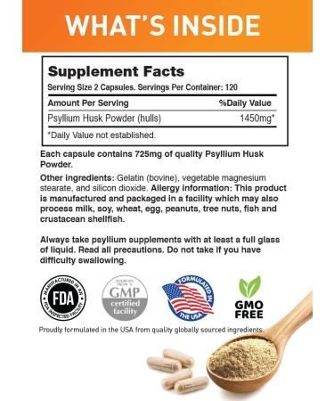 Psyllium Husk Capsules 1450mg - 240 Count for Colon Cleanse & Digestive Health | Non-GMO Fiber Supplement for Regularity, Prebiotic Support, Laxative, Heart Health & Cholesterol - 120 Servings - Buy Online on GoSupps.com