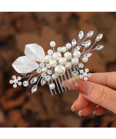 Zoestar Flower Wedding Hair Combs Silver Beads Bridal Hairpiece Rhinestone Leaf Hair Accessories for Women and Girls