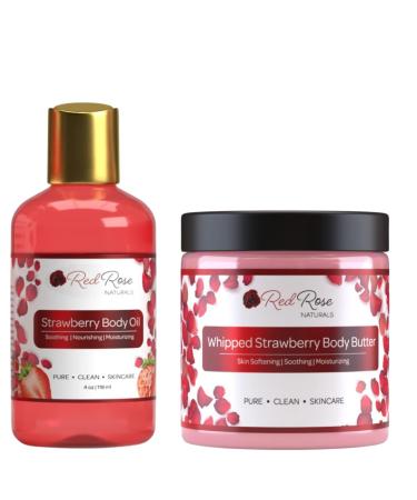 Red Rose Naturals Strawberry Body Oil 4 oz. & Strawberry Whipped Body Butter 8 oz. Hydrating Moisturizing and Naturally Crafted Vegan
