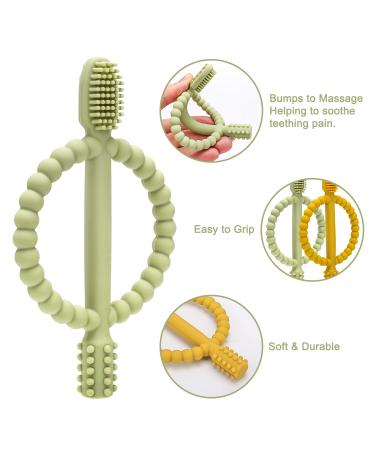 Baby Biting Toys & Toothbrush Set - BPA-Free Silicone Teething Rings for Gums Relief (Dark Green & Yellow) - 2 Pieces for 3+ Months - Buy Online on GoSupps.com