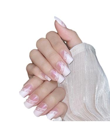 MENILITHS French Pink Lace Long False Nails Sticker False Nails Acrylic Fake Nails Full Cover Nails Tips Artificial Finger Manicure for Women and Girls
