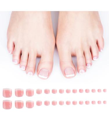 120PCS French Toenails Press On Toenails  Short Square Toe Nail Press on Nail Kit  Full Cover Glue On Fake Toe Nails  Acrylic Stick on Toenails French Tip for Women Girls  Pink