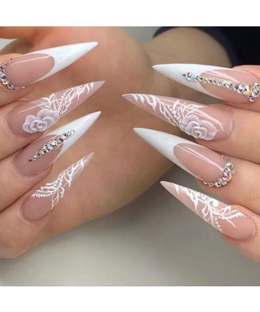 Runrayay White Acryl-Brack-N gel long with rhinestones to put on nails for women and girls with floral patterns naked nails for pressing nails with complete coverage