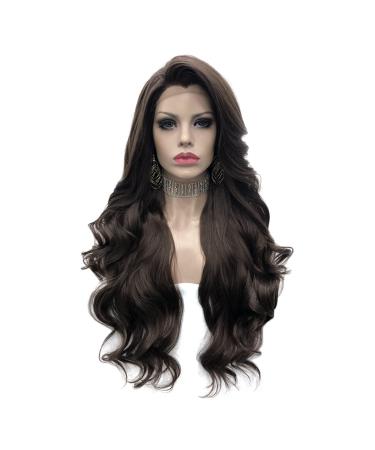Imstyle Women 26 Inches Lace Front Wig Natural Brown Long Wavy Synthetic Hair Wig for Cosplay Party Halloween Dark Brown #6/8